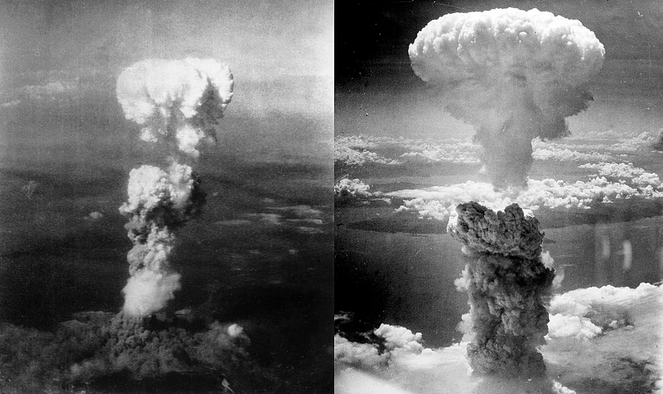 Atomic Bomb Mushroom Clouds Over Hiroshima Left And Nagasaki Right6 And 9 August 1945 WW II Archive The Pacific Theater: Titans of the Ocean (1941–1945)